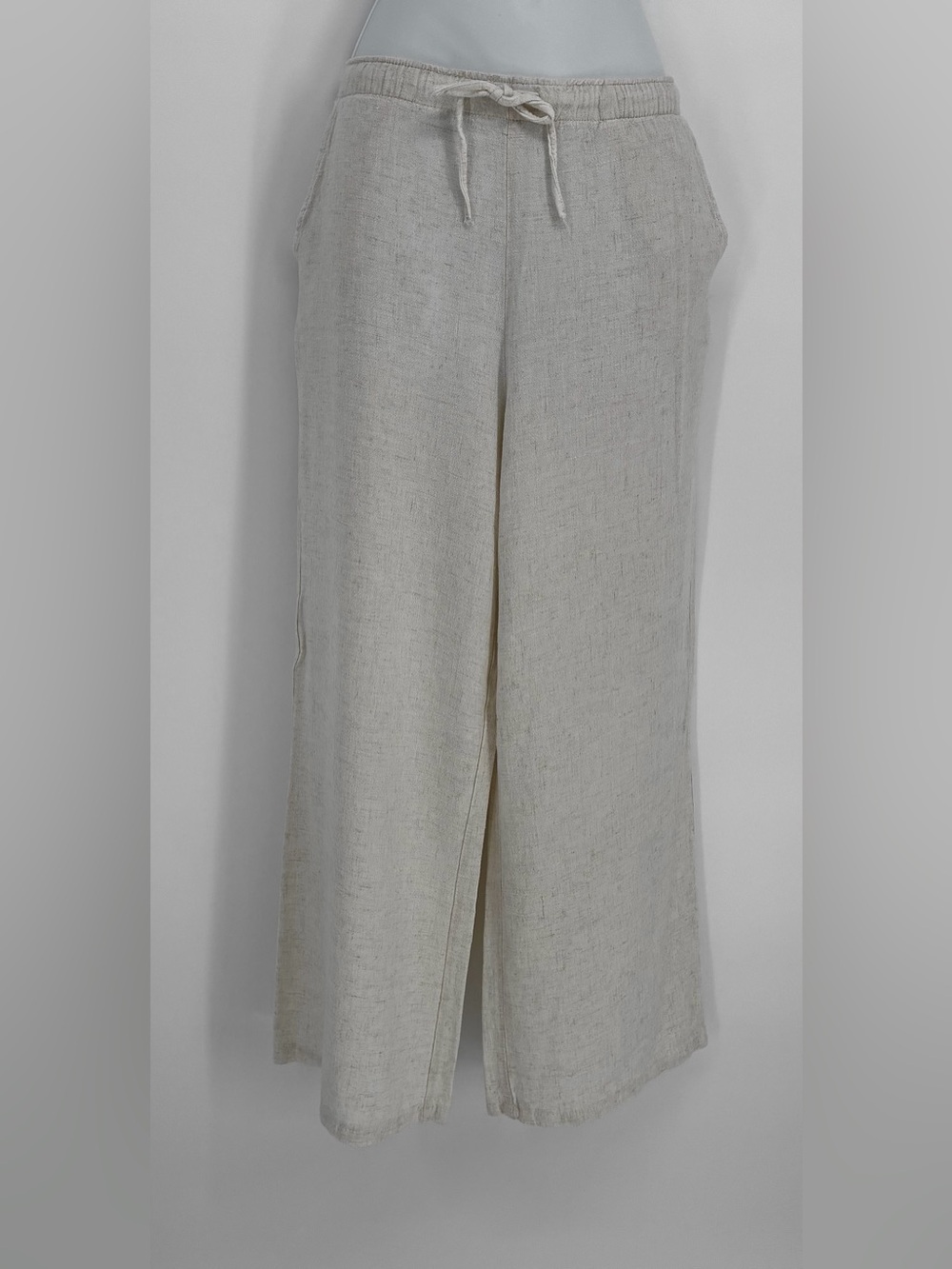 Stradivarius Linen Blend Wide Leg Drawstring Trousers Oatmeal M